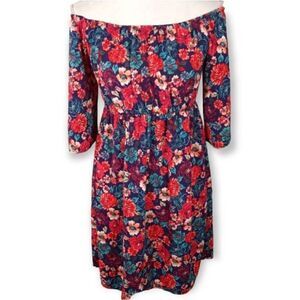 RED & TEAL FLORAL OFF-THE-SHOULDER MINI DRESS SZ.M EUC.